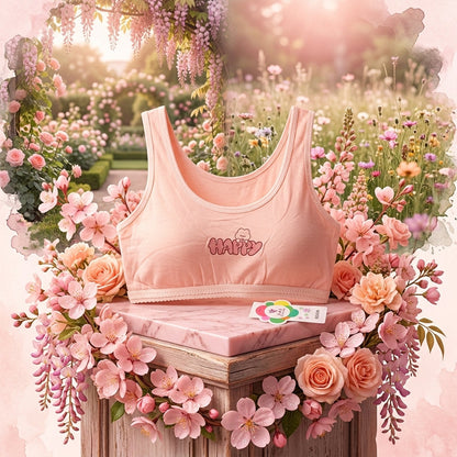 Girls' Cotton Training Bra - Pack of Multi-Colored Seamless Sports Bralettes with "HAPPY" Print