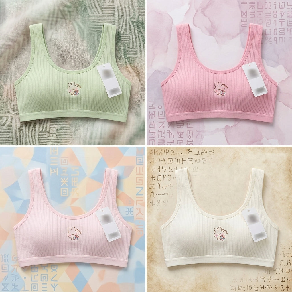 Girls' Ribbed Cotton Training Bra – Ultra-Soft Seamless Sports Bralette with Cute Bunny Embroidery