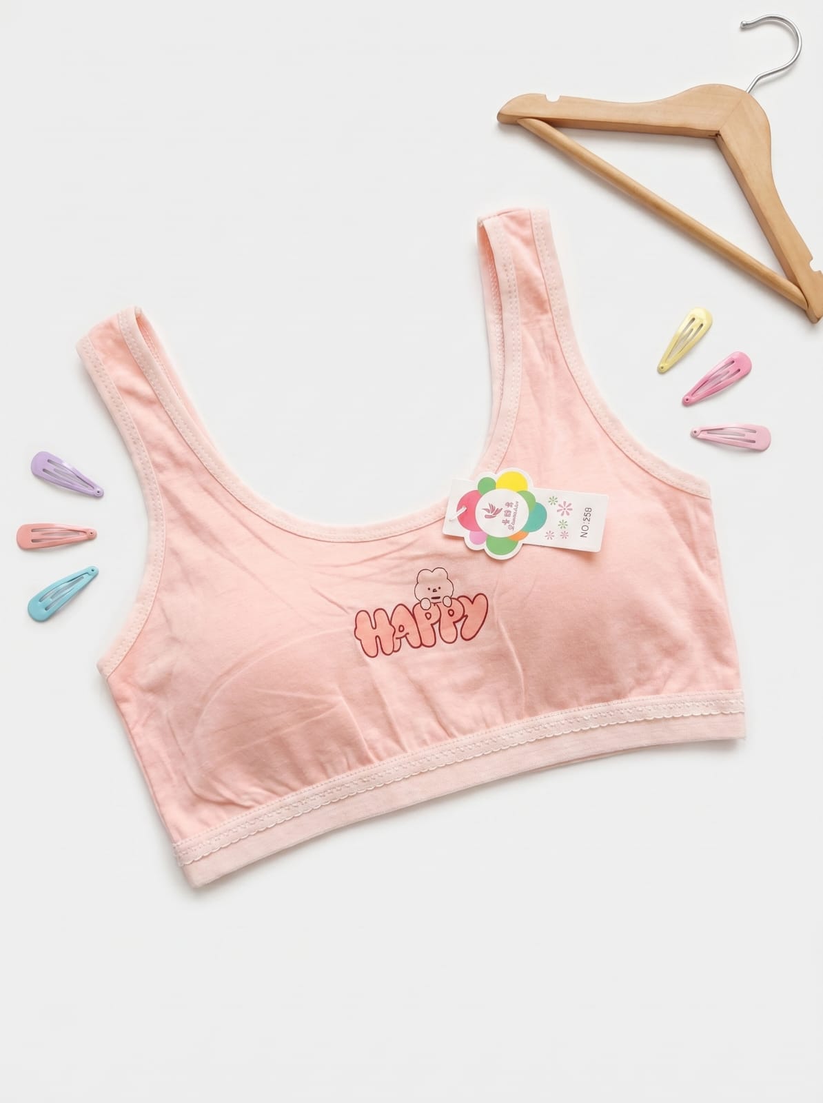Girls' Cotton Training Bra - Pack of Multi-Colored Seamless Sports Bralettes with "HAPPY" Print