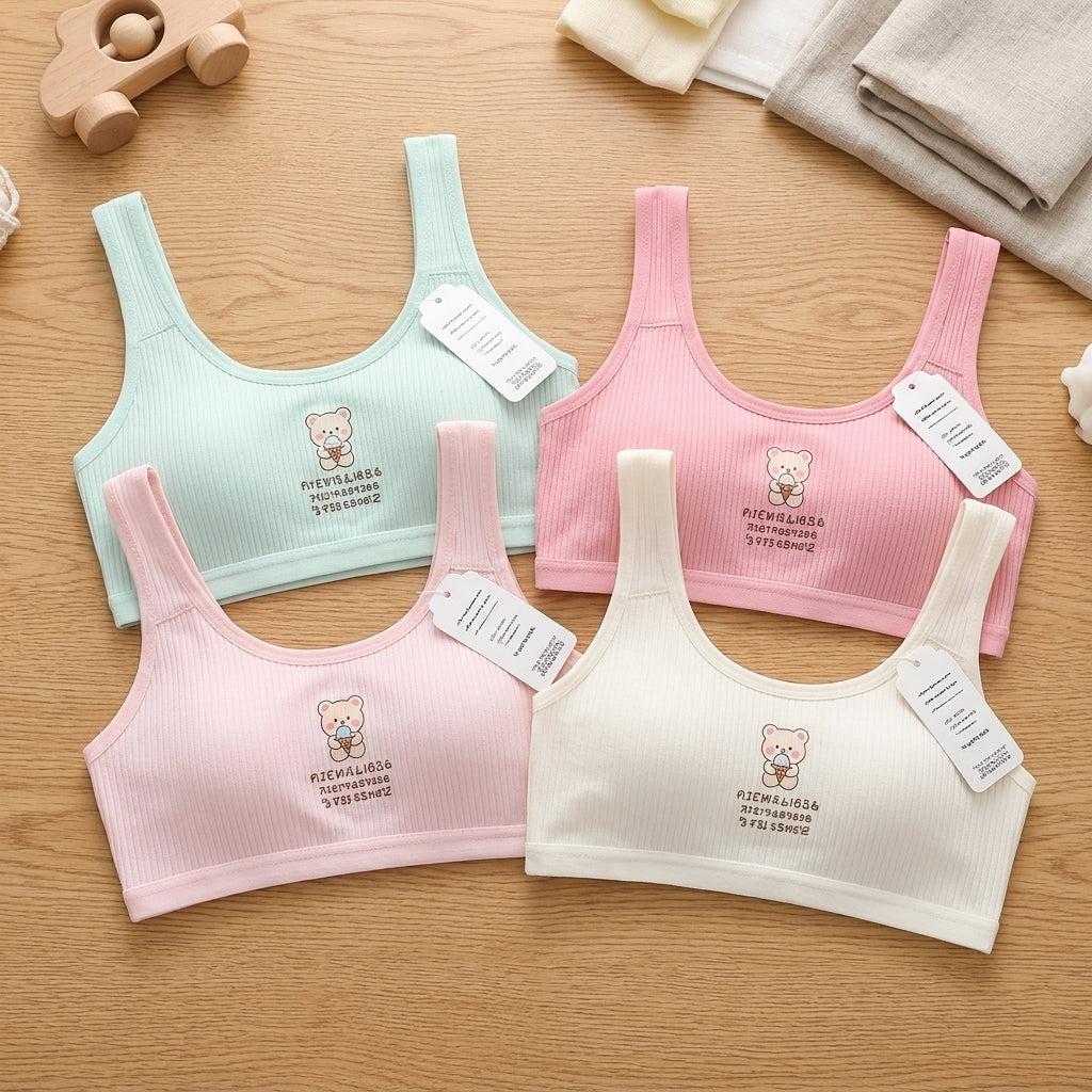 Girls' Ribbed Cotton Training Bra – Ultra-Soft Seamless Sports Bralette with Cute Bunny Embroidery