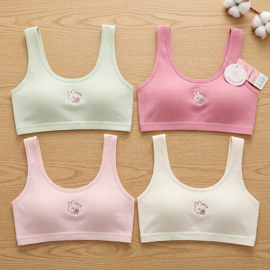 Girls' Ribbed Cotton Training Bra – Ultra-Soft Seamless Sports Bralette with Cute Bunny Embroidery